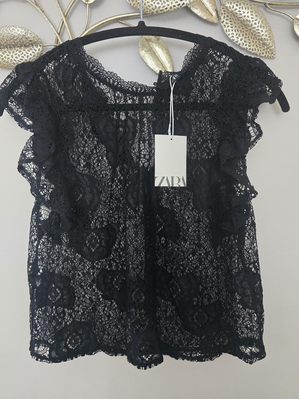 NWT ZARA Black Floral Lace Ruffle Sleeve Blouse Sz S Boho
